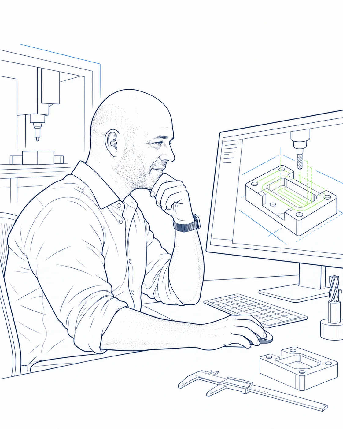 Minimal engineering illustration of CNC and CAD CAM engineering