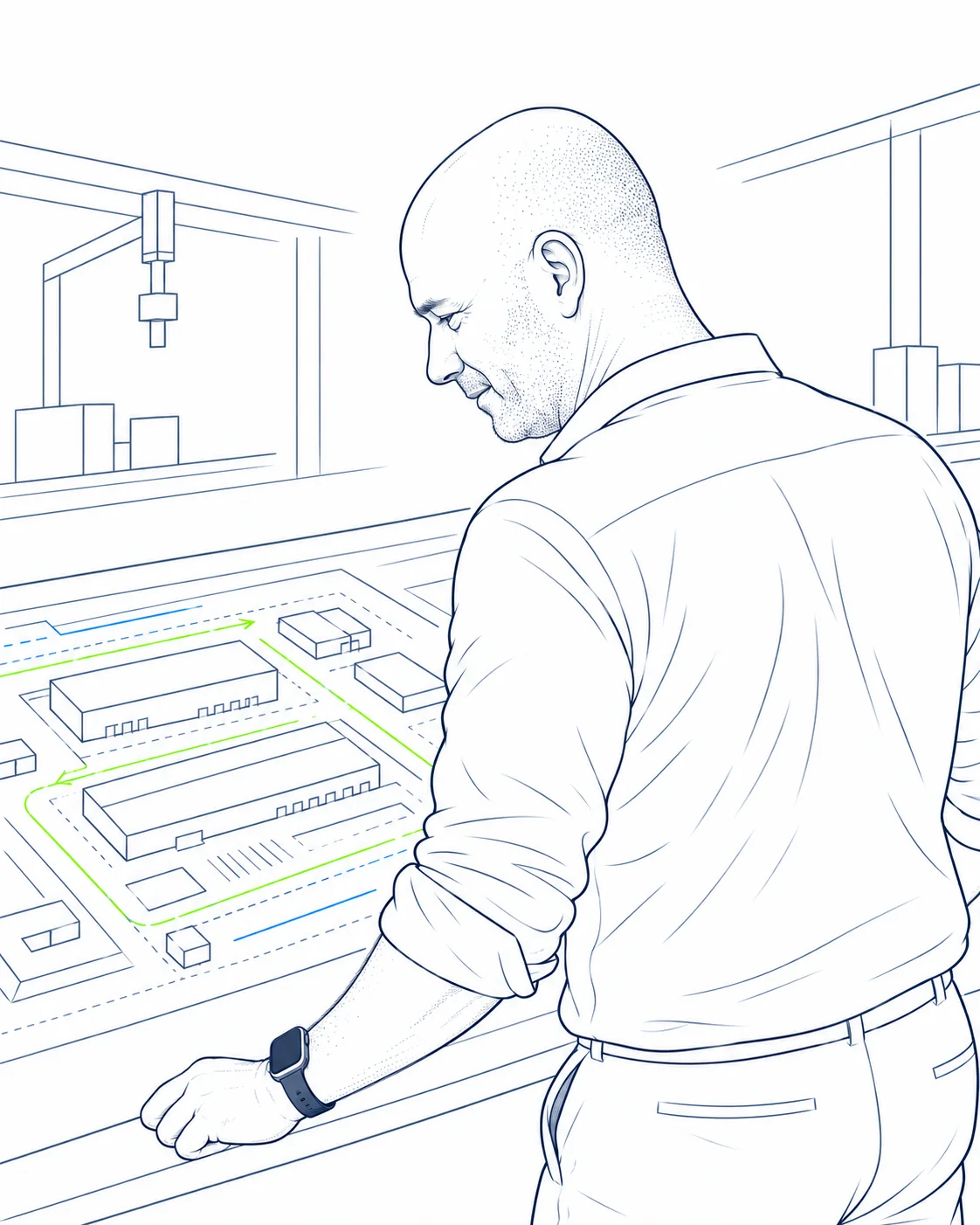 Minimal engineering illustration of factory setup and relocation