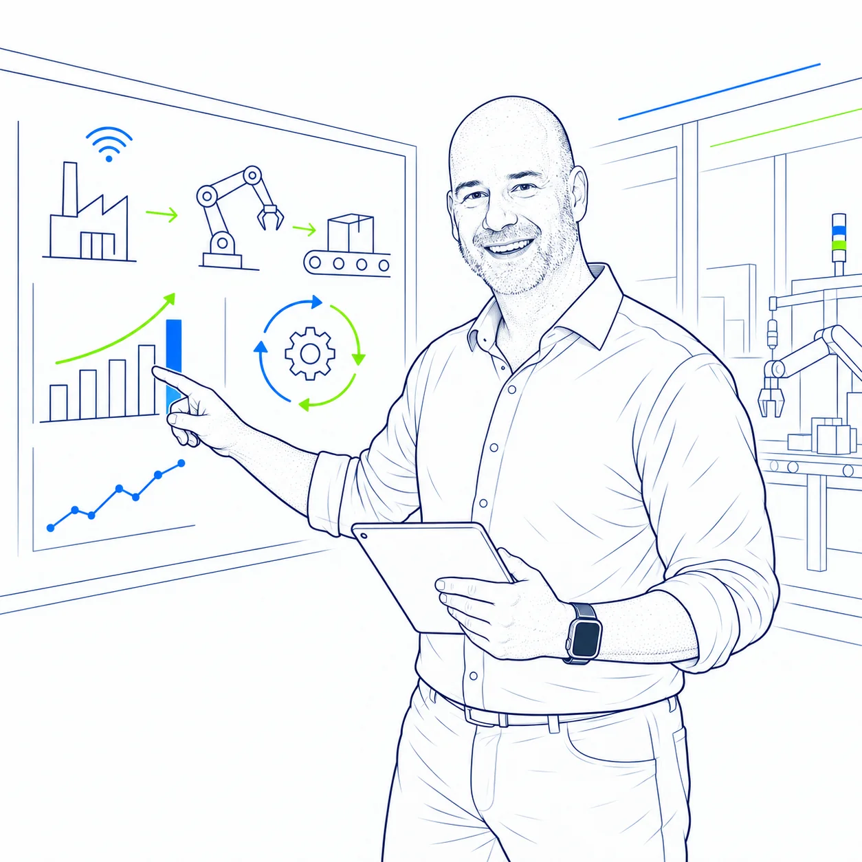 Minimal engineering illustration of Industry 4.0 and digital manufacturing