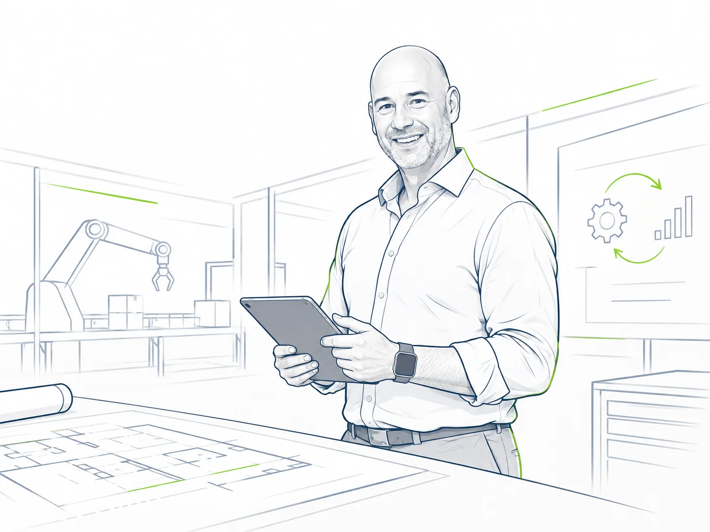 Creative line-art illustration of engineering leadership and industrial planning